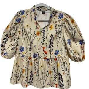 SHEIN Cream Multicolor Floral Puff Sleeve Peplum Blouse